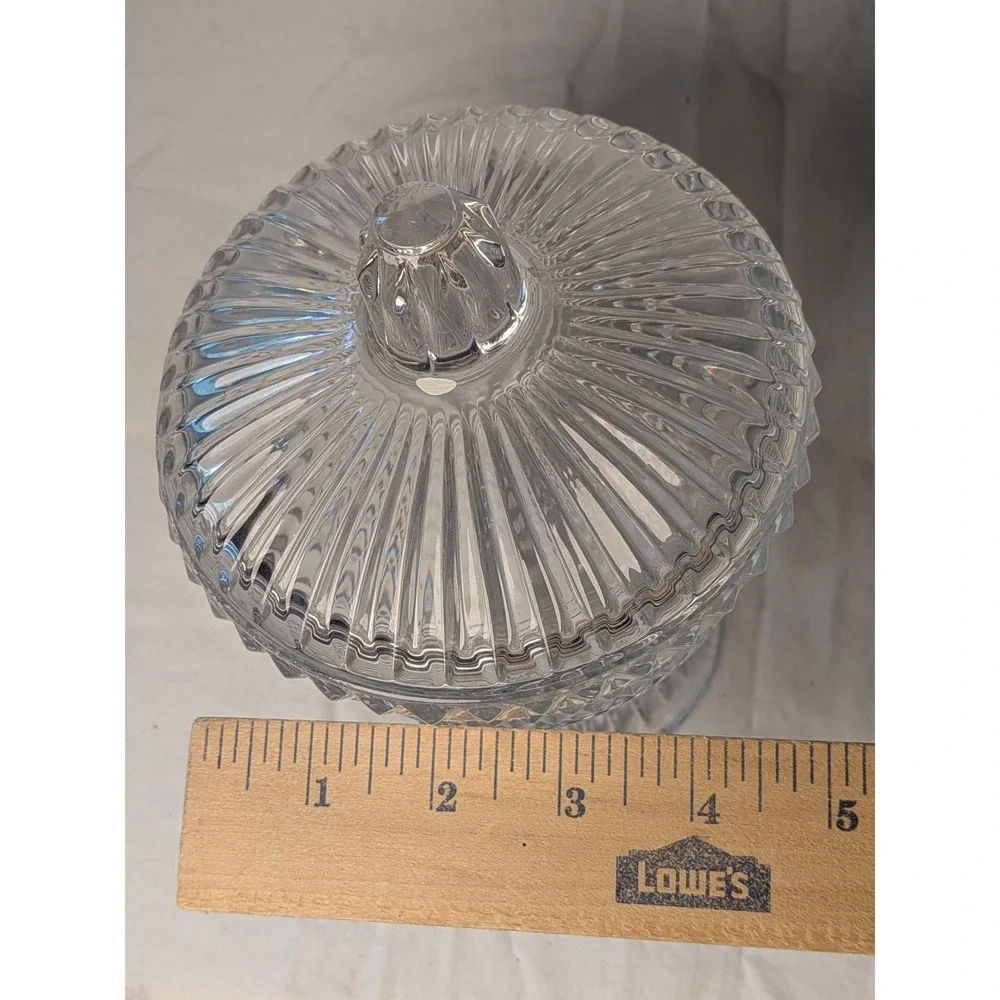 Vintage Clear Pressed Glass Candy Dish Diamond Point Footed Compote with Lid